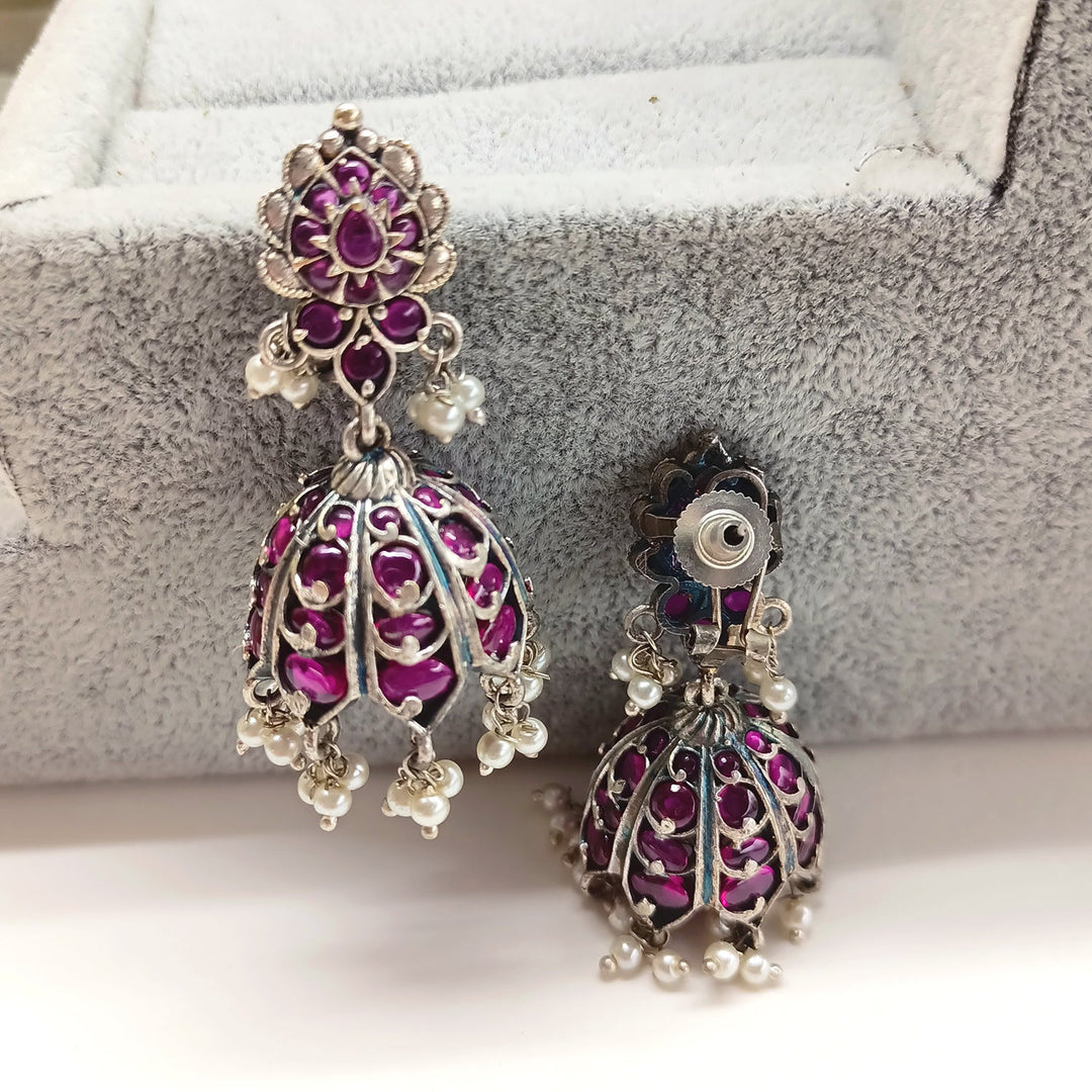 Manjari Silver Oxidised Ruby Jhumka