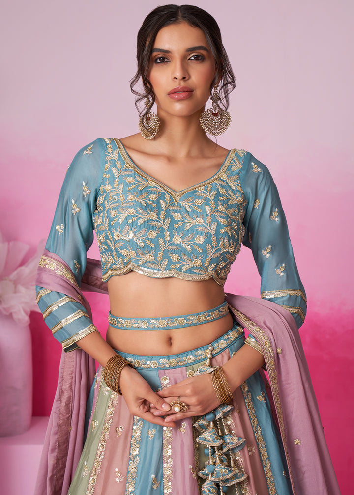 Blue & Green Georgette Lehenga Choli Adorned with Sequins Embroidery Work