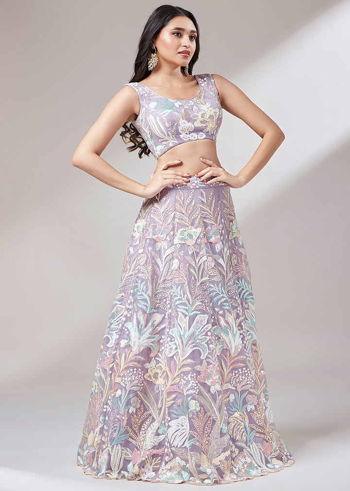 Thistle Purple Net Lehenga Choli Adorned with Thread Embroidery and Sequins