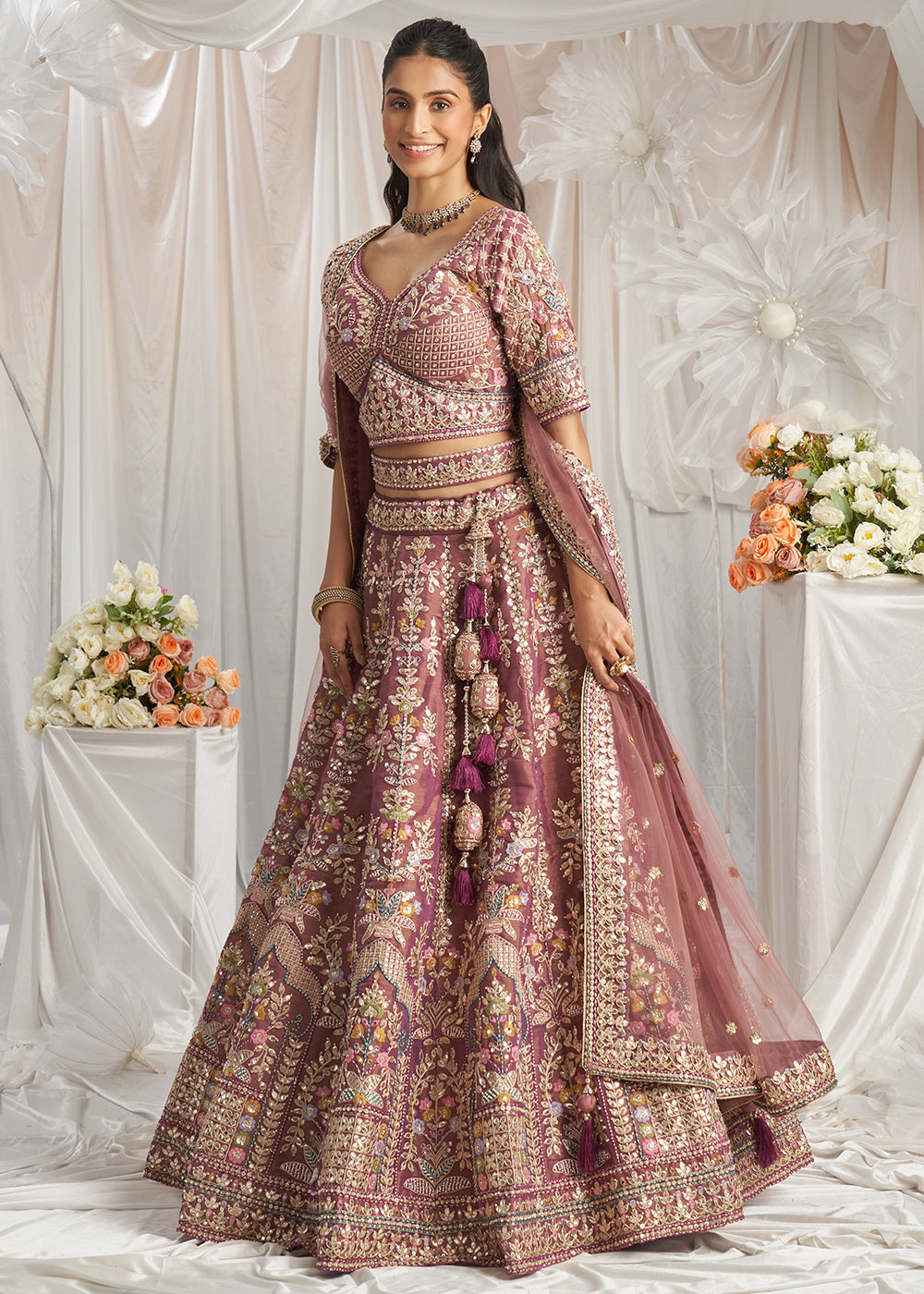 Shades Of Purple TissueLehenga Choli Adorned with Pearl and Gotapatti Embroidery: The Bride's Edit