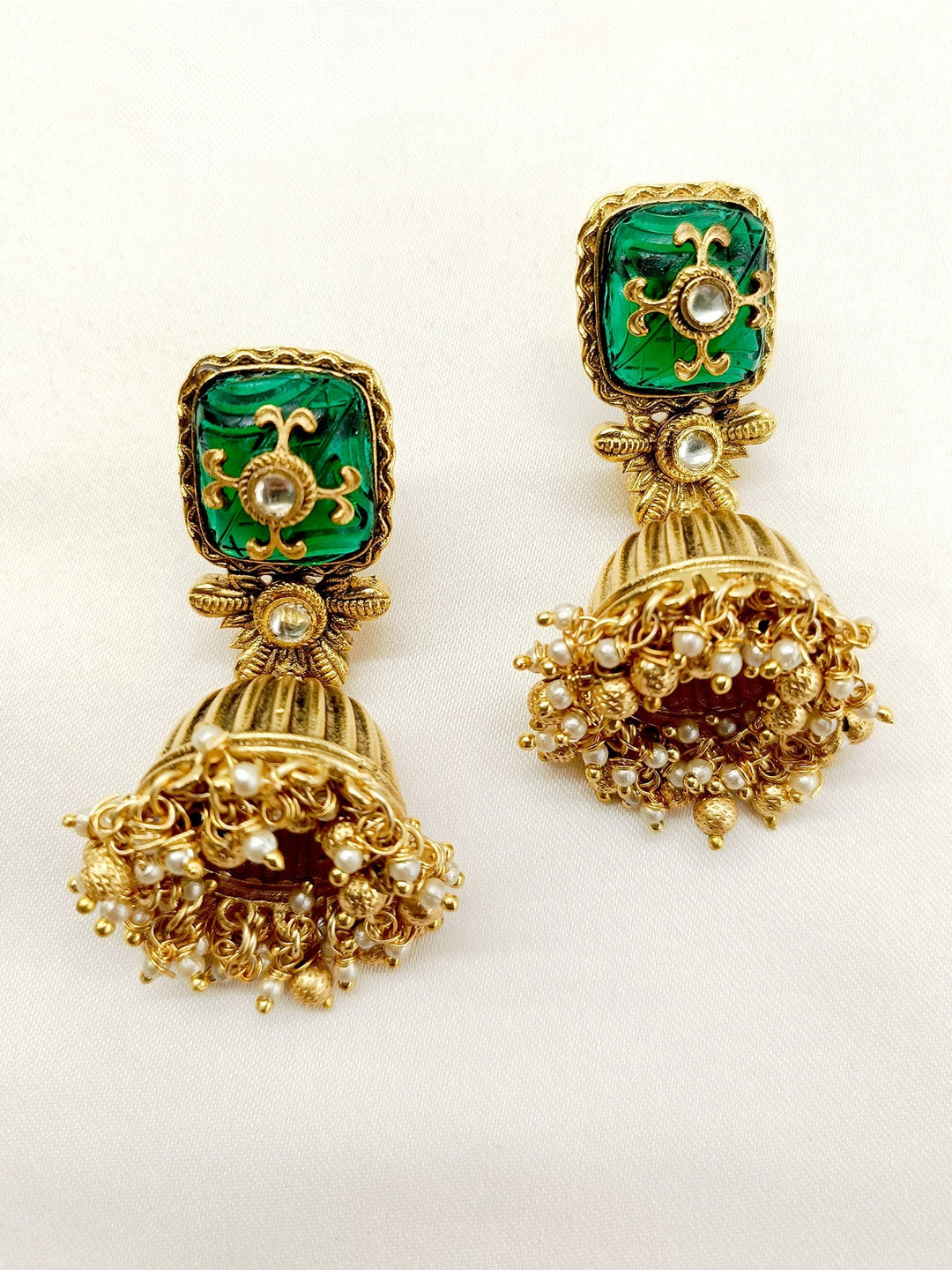 Madhuri Green Stone Gold Plated Antique Jhumki