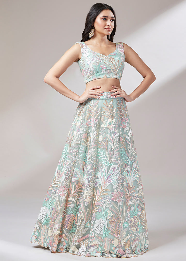 Blueish Green Net Lehenga Choli Adorned with Sequins work