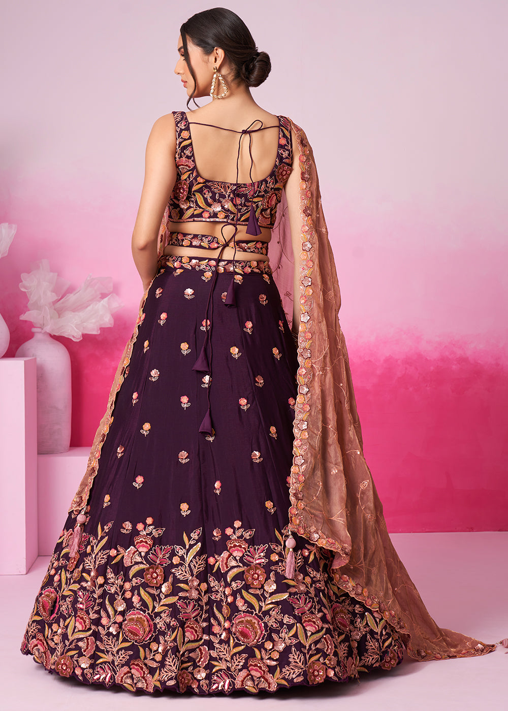 Eggplant Purple Chiffon Lehenga Choli Adorned with Sequins Embroidery Work