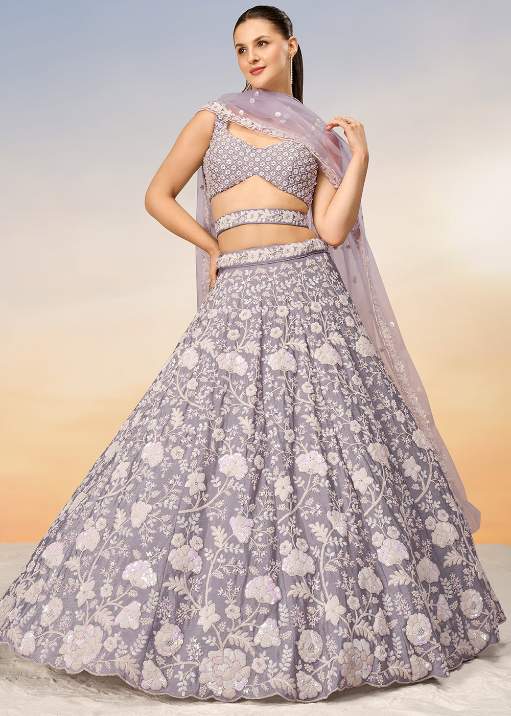 Periwinkle Purple Georgette Lehenga Choli Highlighted with Sequins & Zarkan Embroidery