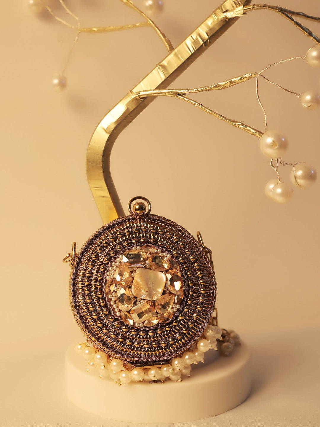 Arshika Golden Mini Metal Clutch - Antique Gold Pearl