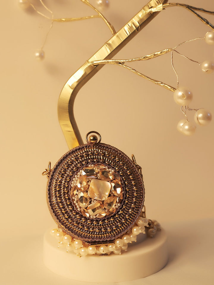 Arshika Golden Mini Metal Clutch - Antique Gold Pearl