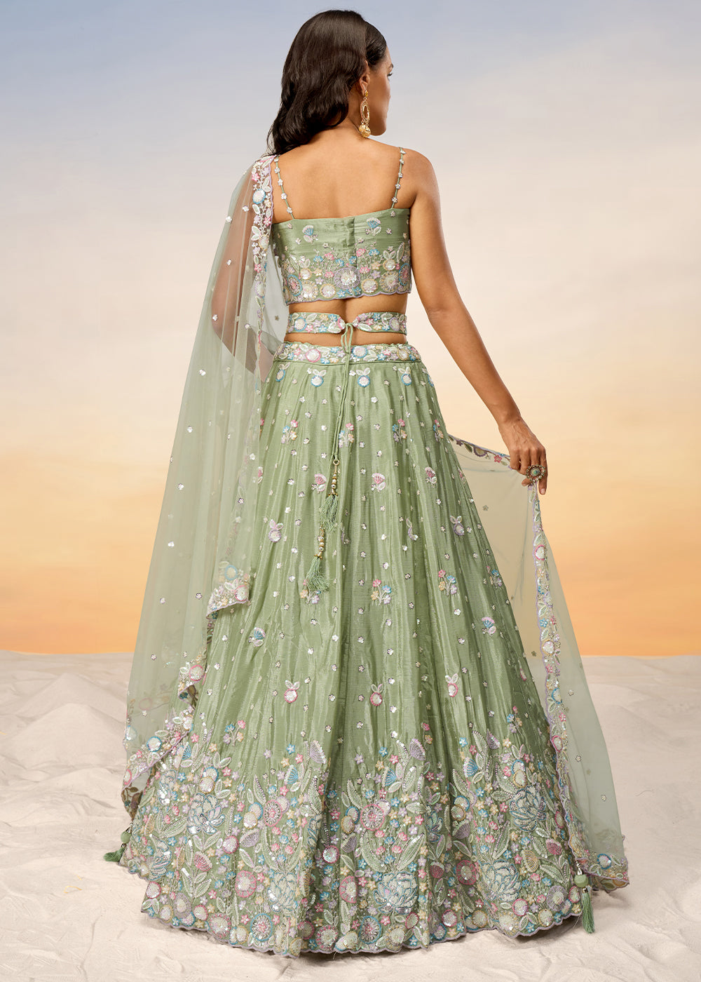 Lime Green Chiffon Lehenga Choli Adorned with Sequins & Thread Embroidery