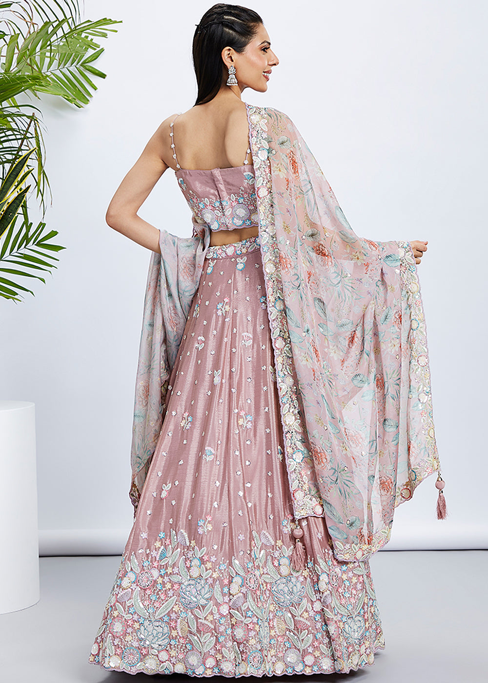 Rose Gold Pink Silk Chiffon Lehenga Choli Adorned with Sequins & Thread Embroidery