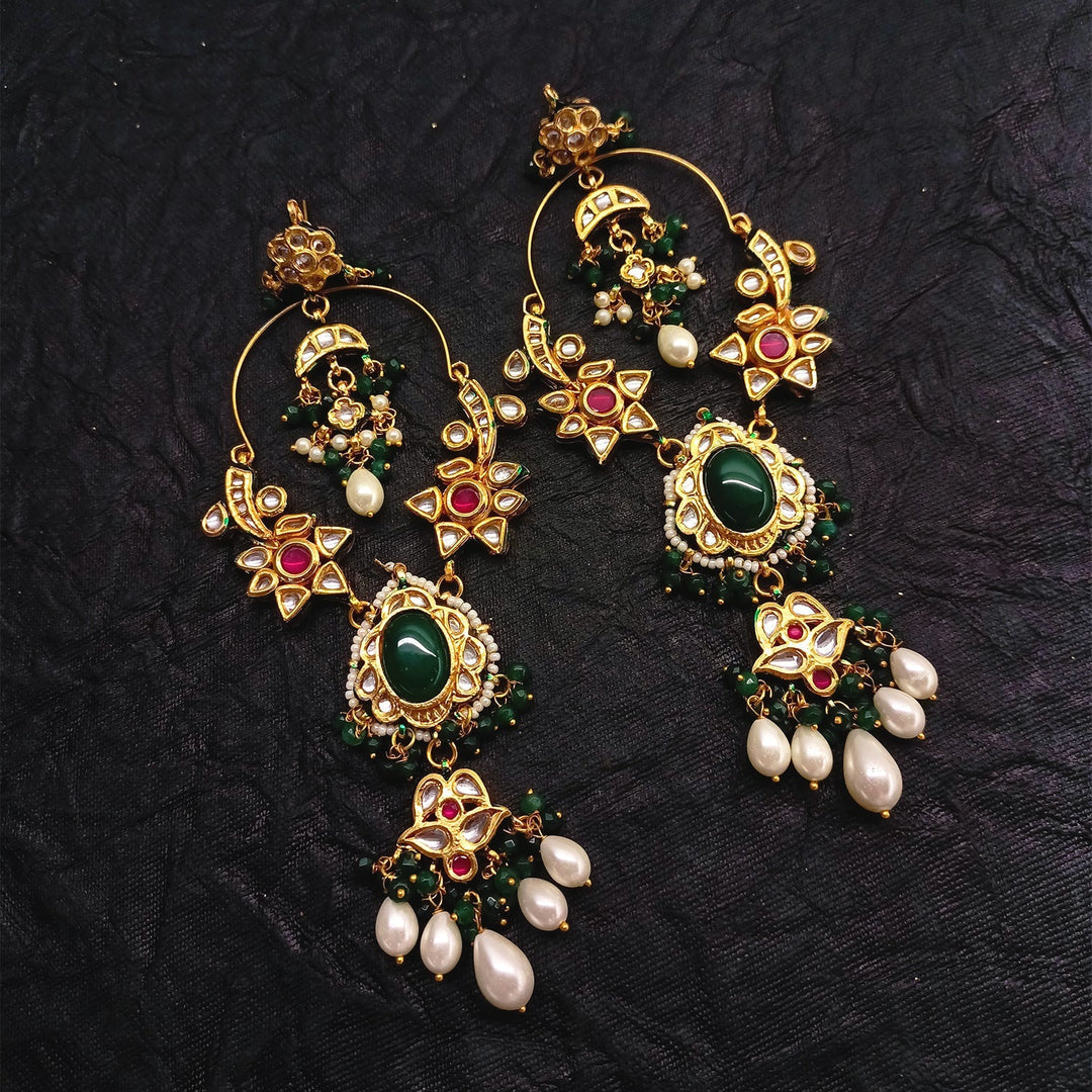 Prachi Long Kundan Earrings With Green Stone