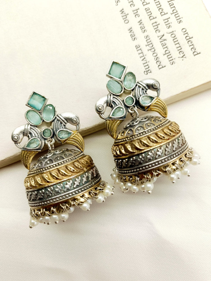 Lintang Mint Green Peacock Oxidized Jhumki