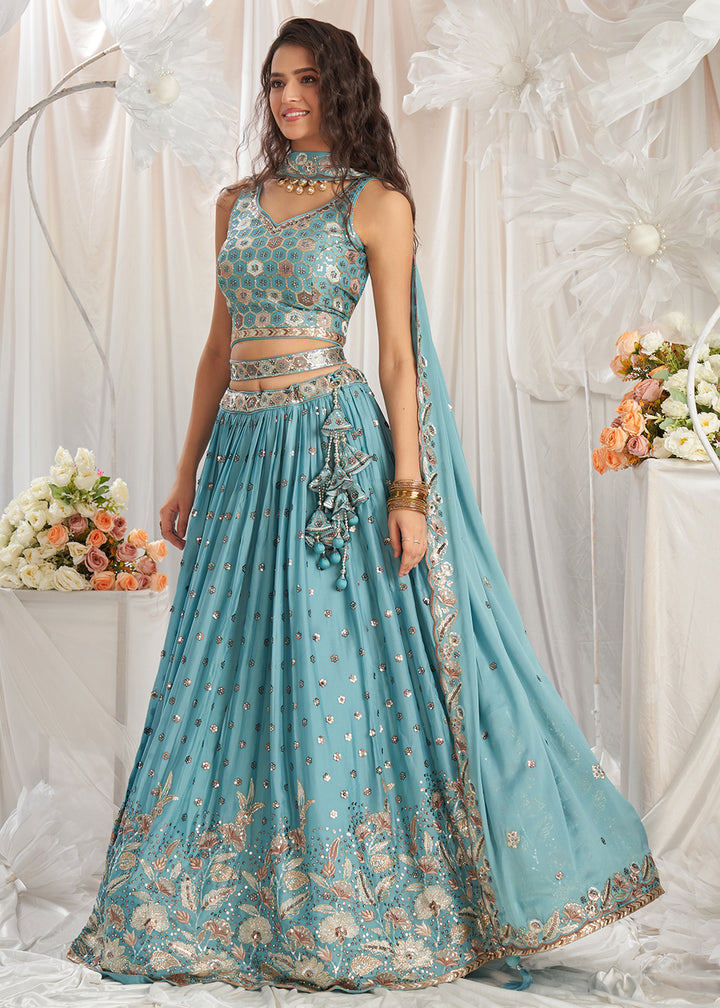 Turquoise Blue Georgette Lehenga Choli Adorned with Sequins Work