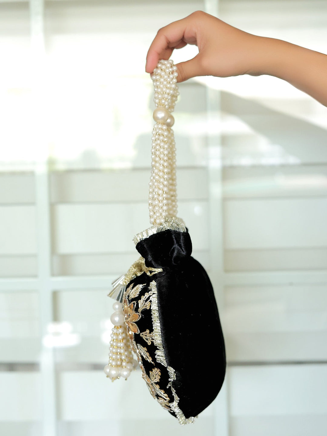 Snehita Black Potli Bag - Fabric With Dori Work