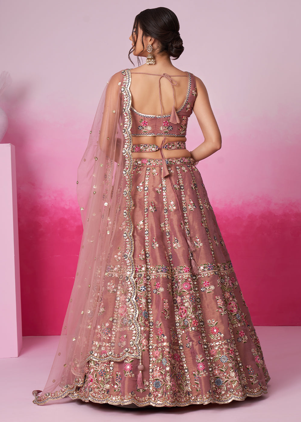 Wild Orchid Pink Net Lehenga Choli Adorned with Moti & Sequins Embroidery Work