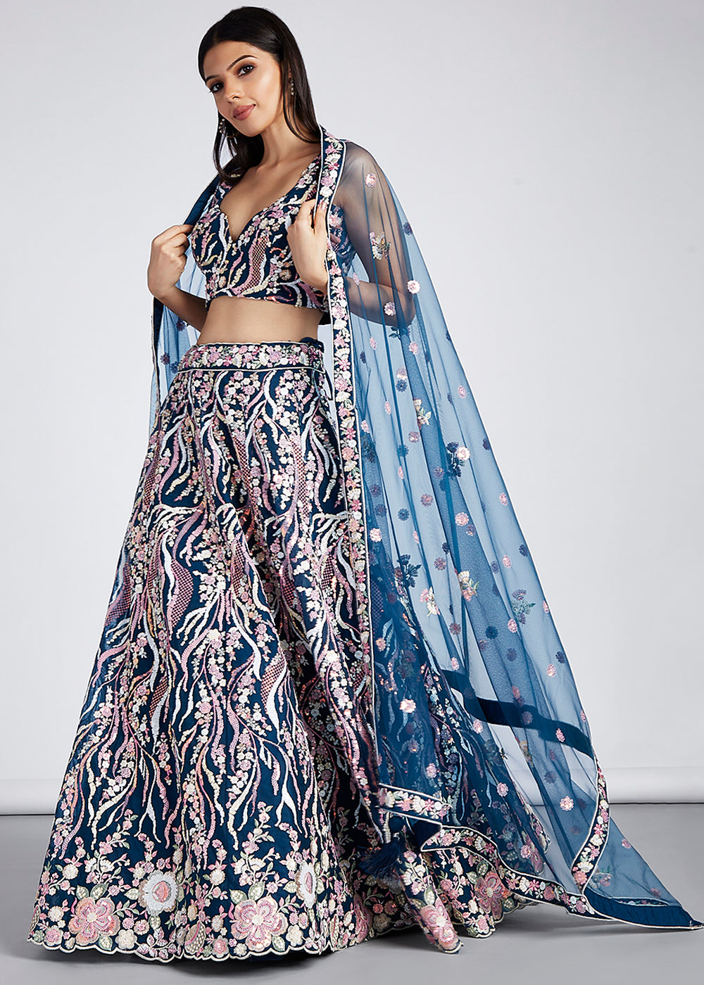 Navy Blue Net Lehenga Choli Highlighted with Sequins & Thread Embroidery