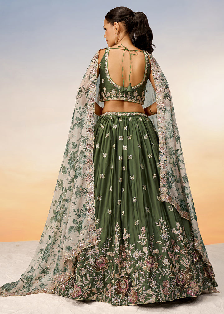 Olive Green Chiffon Lehenga Choli Adorned with Sequins Embroidery Work