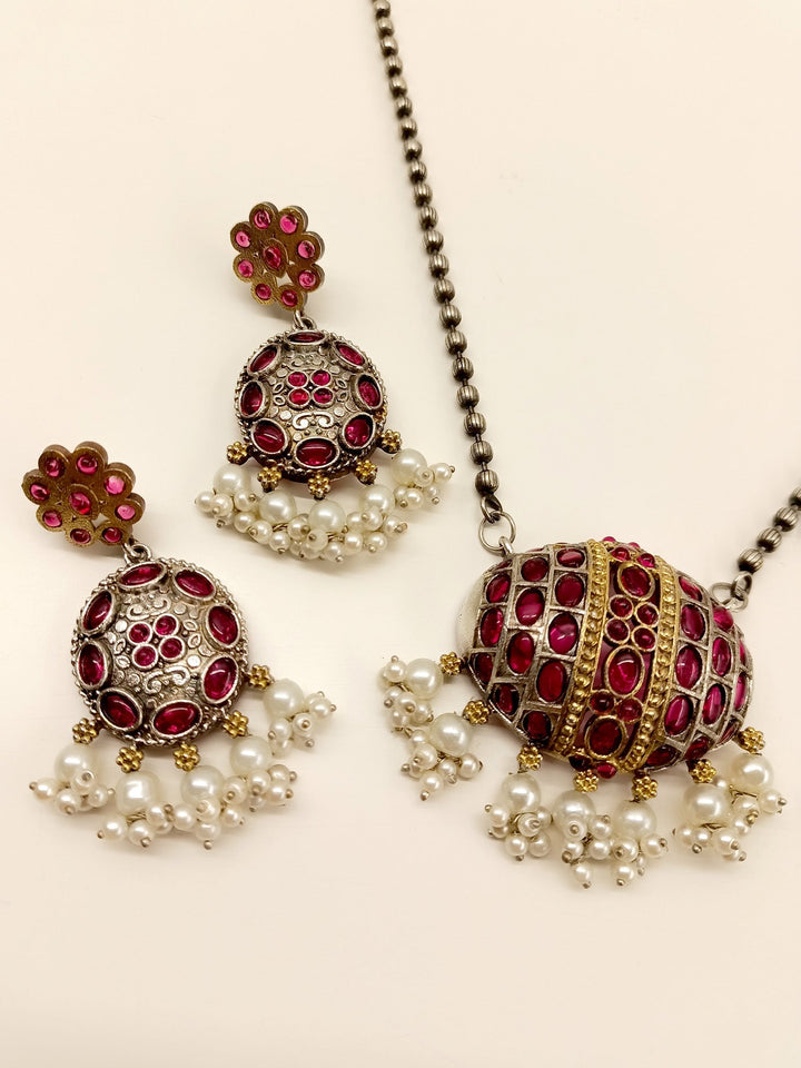 Sayoli Rose Pink Oxidized Pendant Set