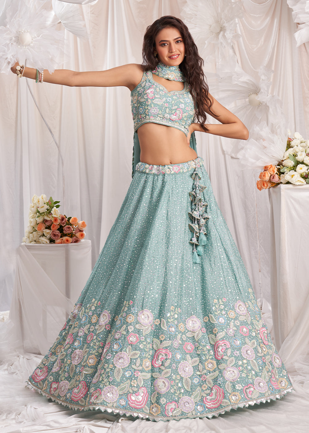 Light Sea Green Chiffon Lehenga Choli Adorned with Sequins & Thread Embroidery