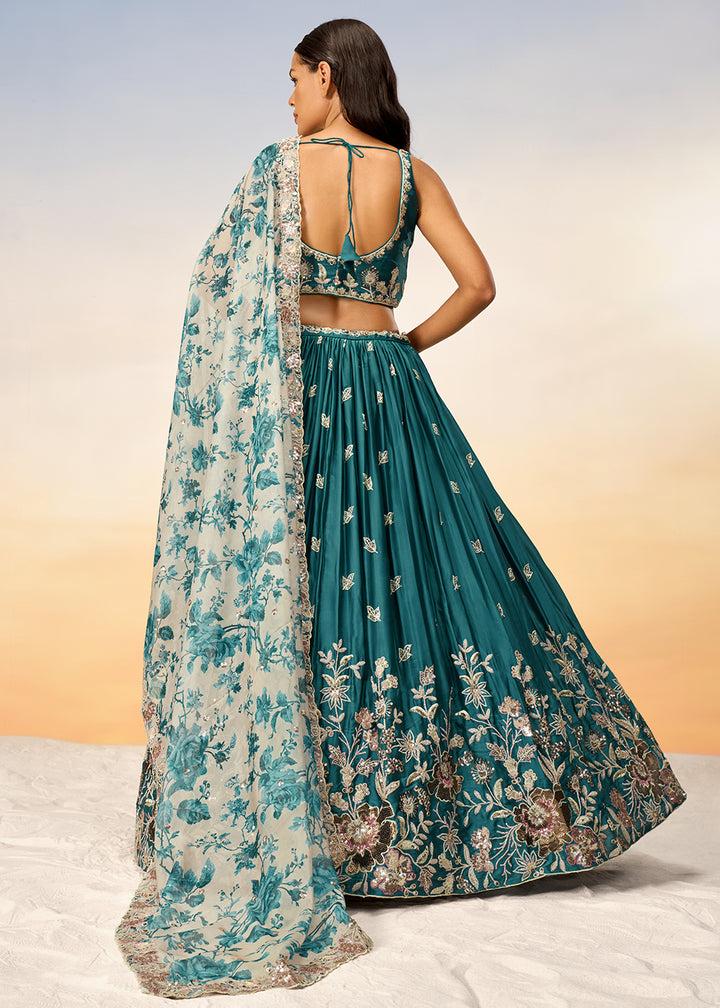 Teal Blue Chiffon Lehenga Choli Adorned with Sequins Embroidery Work