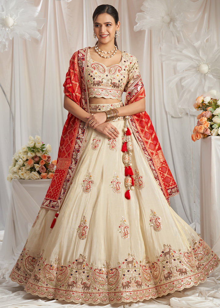 Cream White & Red Tissue Lehenga Choli Intricate with Gotapatti Embroidery Work