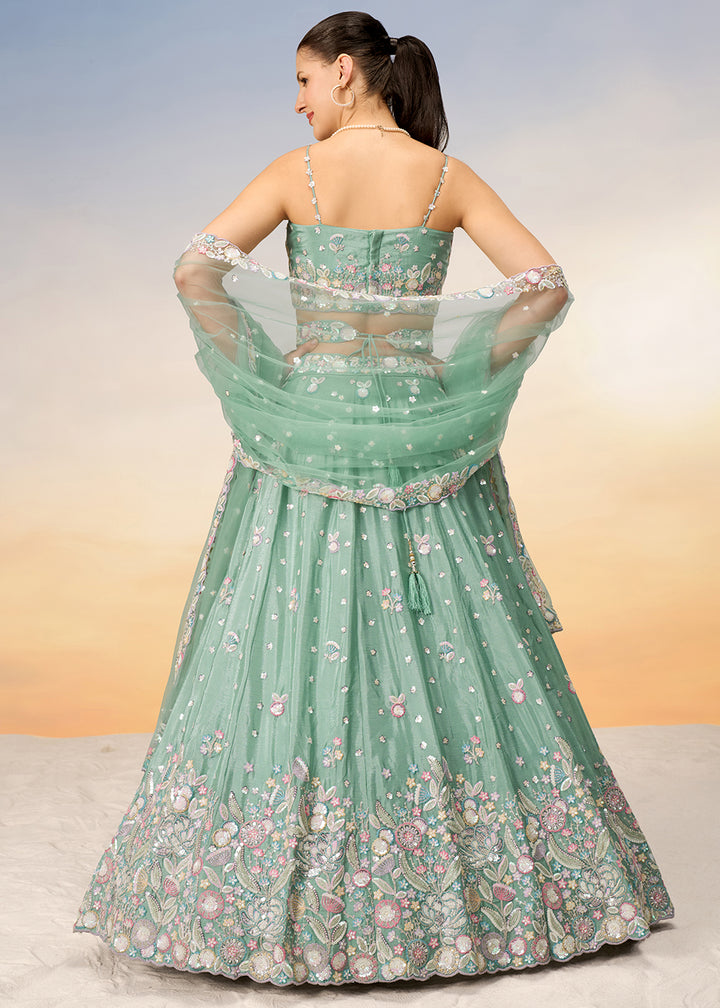 Celadon Green Chiffon Lehenga Choli Adorned with Sequins & Thread Embroidery