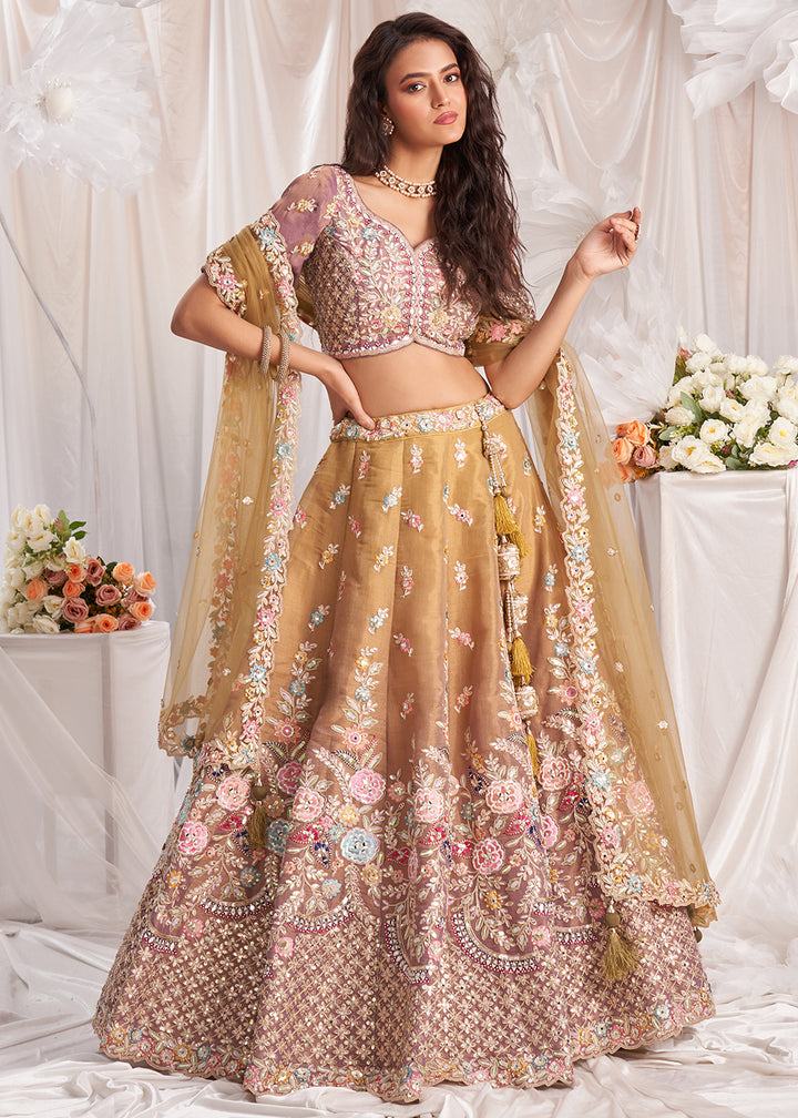 Light Brown & Pink Net Lehenga Choli Adorned with Pearl & Gotapatti Embroidery work: The Bride's Edit