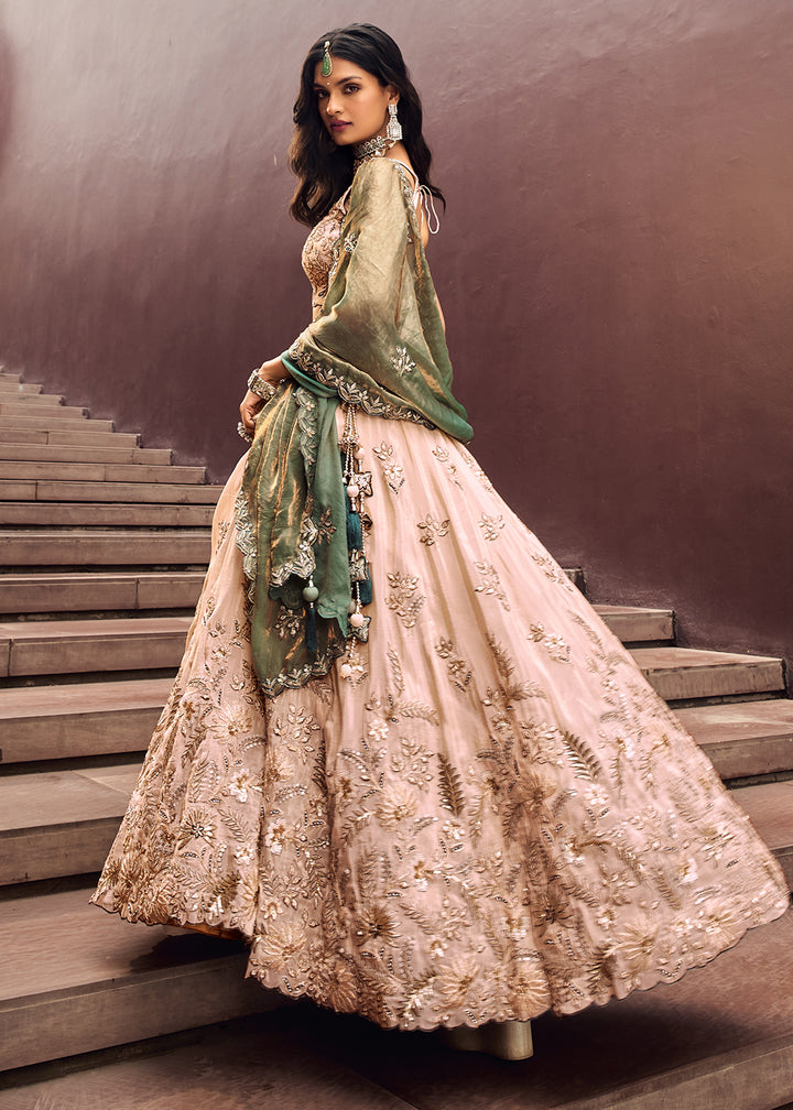 Pink & Green Viscose Rayon Lehenga Choli Adorned with Sequins Embroidery Work