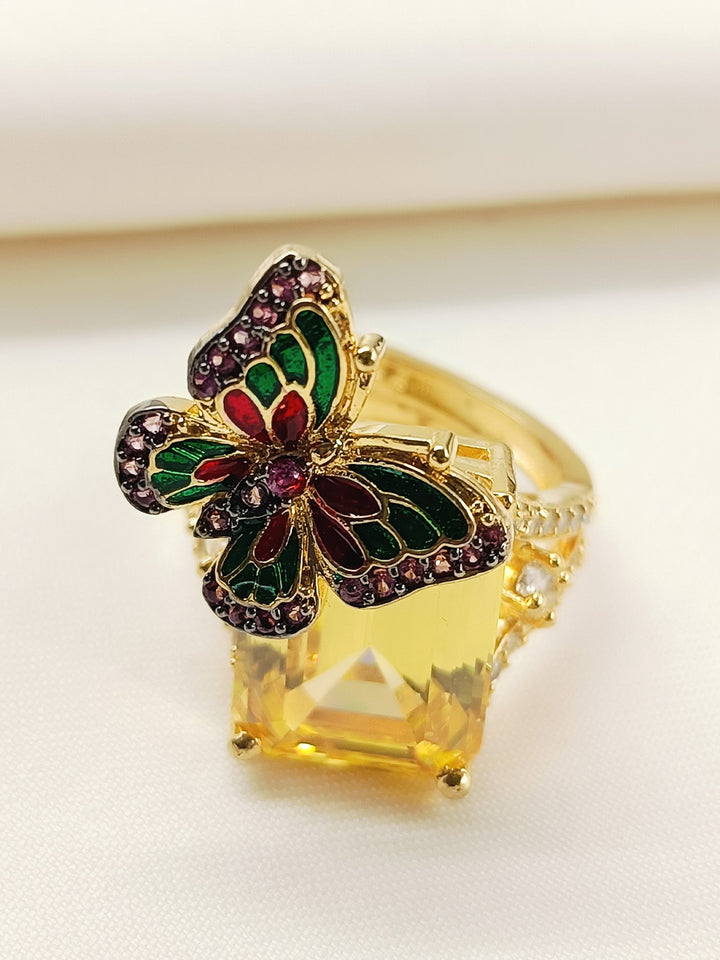 Jharna Green Red Butterfly Yellow AD Ring