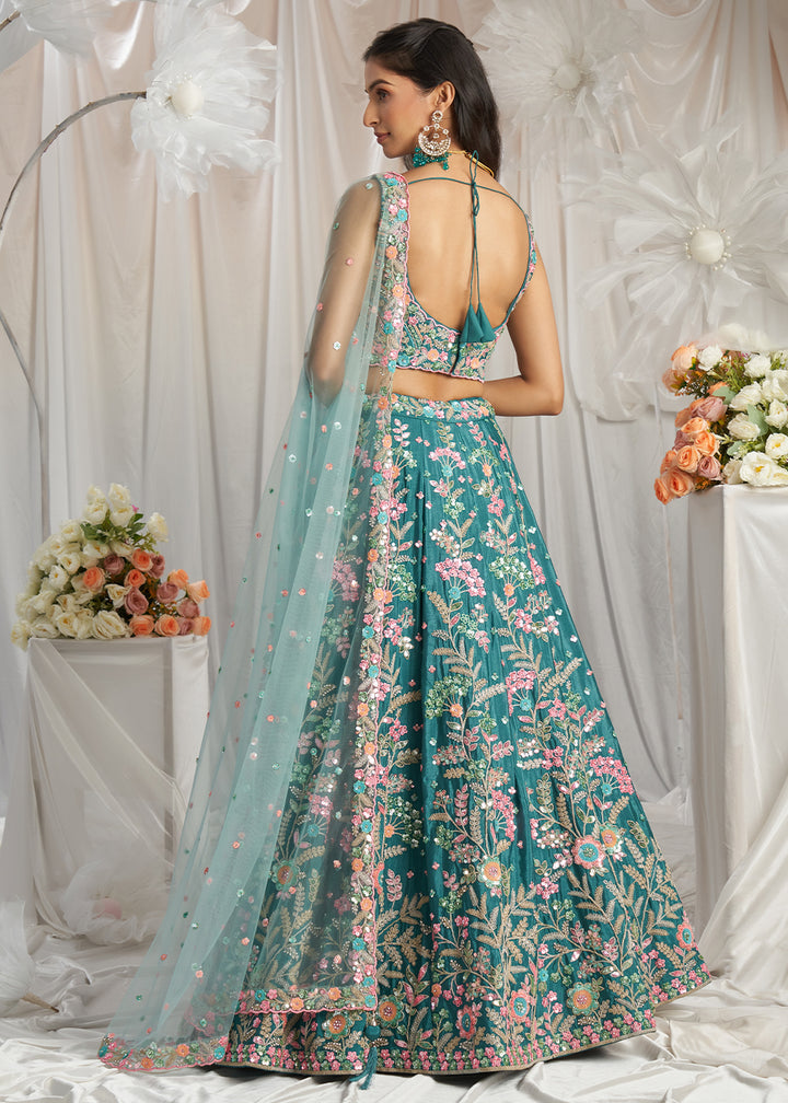 Teal Green Georgette Lehenga Choli Adorned with Sequins Embroidery