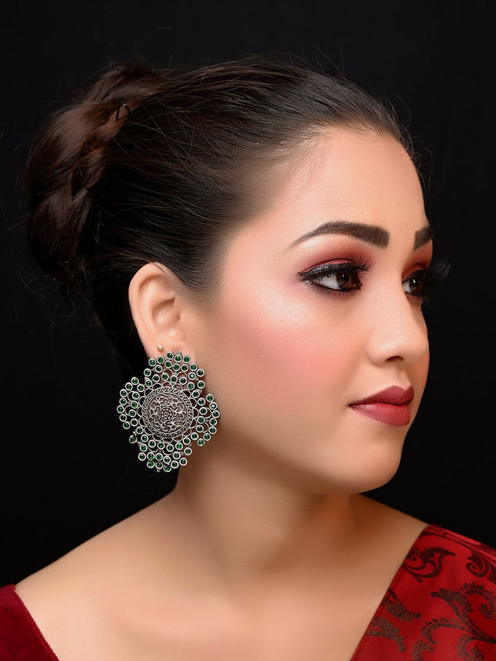 Mehru Big Oxidised Stud Earrings In Green