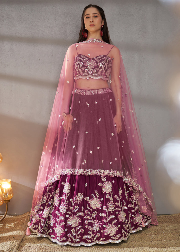 Claret Purple Chiffon Lehenga Choli Adorned with Sequins Embroidery