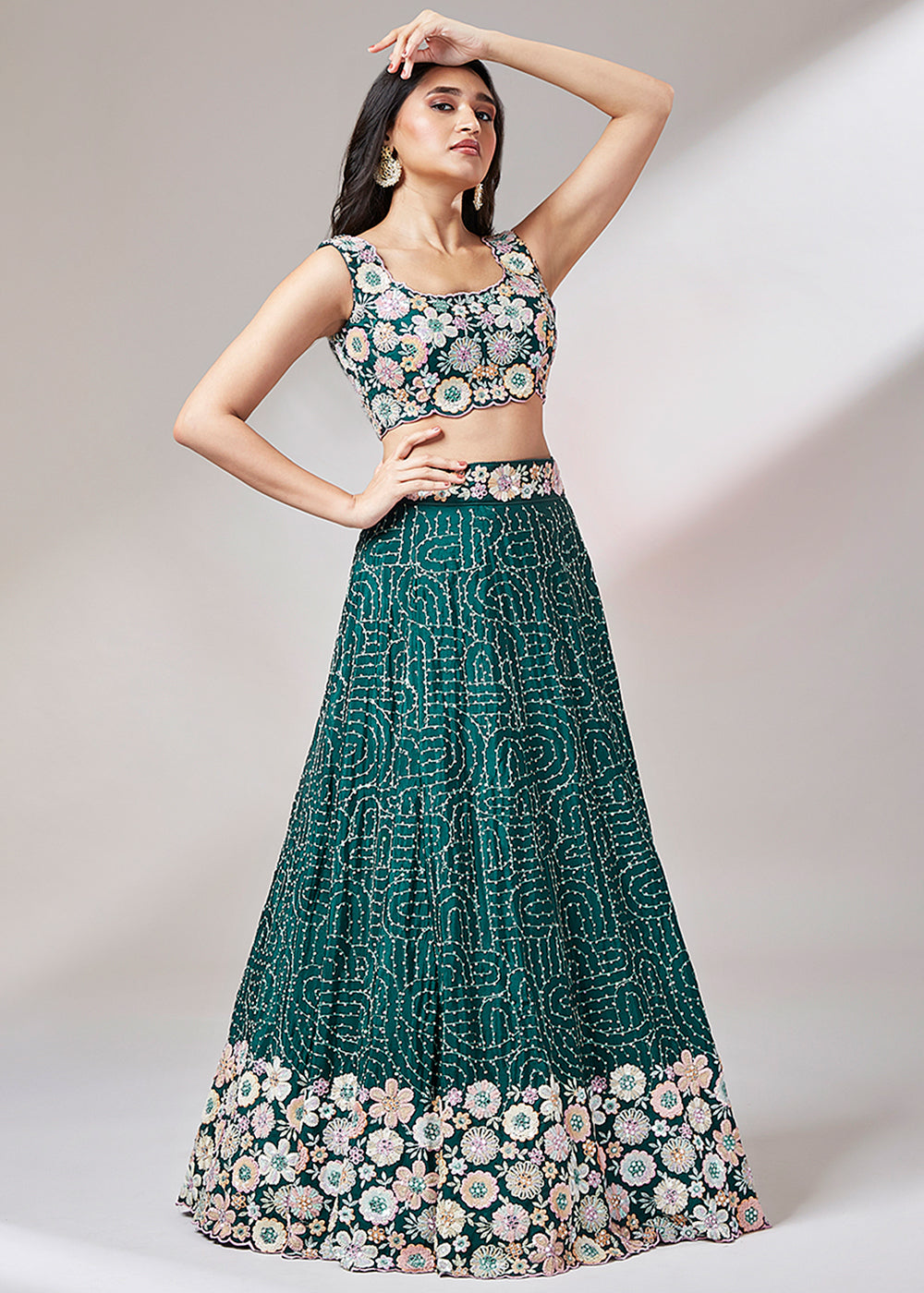 Midnight Green Georgette Lehenga Choli Highlighted with heavy Sequins Embroidery