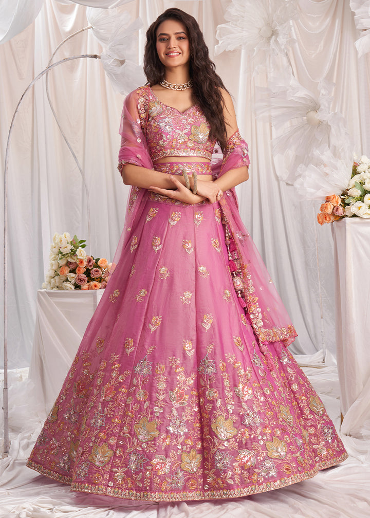 Deep Pink Organza Lehenga Choli Adorned with Sequins Embroidery Work