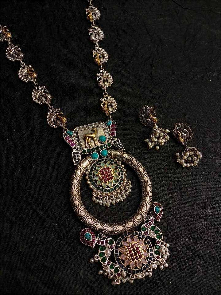 Neelam Multi Colour Long Oxidised Pendant Set