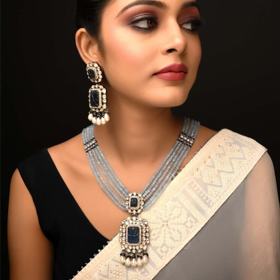 Rehemat Navy Blue Stone Gold & Rhodium Plated Victorian Set