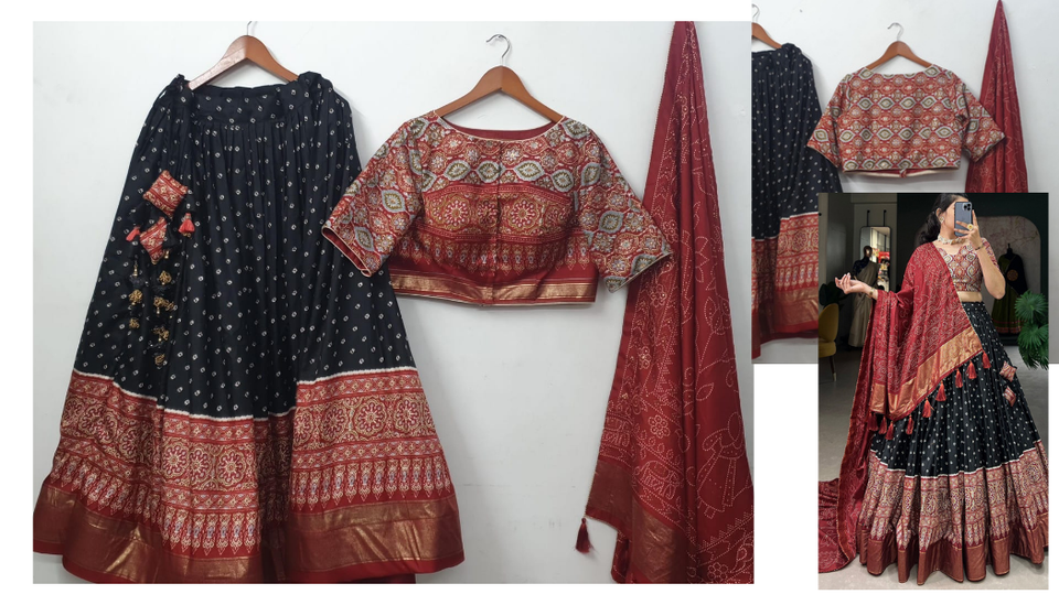 Traditional outfit with black and red patterns on a white background