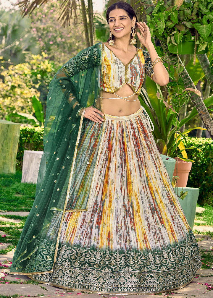 Shades Of Green & Yellow Chinon Silk Lehenga Choli with Zari Embroidery & Sequins work