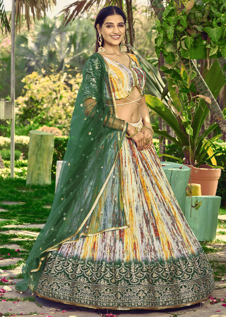 Shades Of Green & Yellow Chinon Silk Lehenga Choli with Zari Embroidery & Sequins work