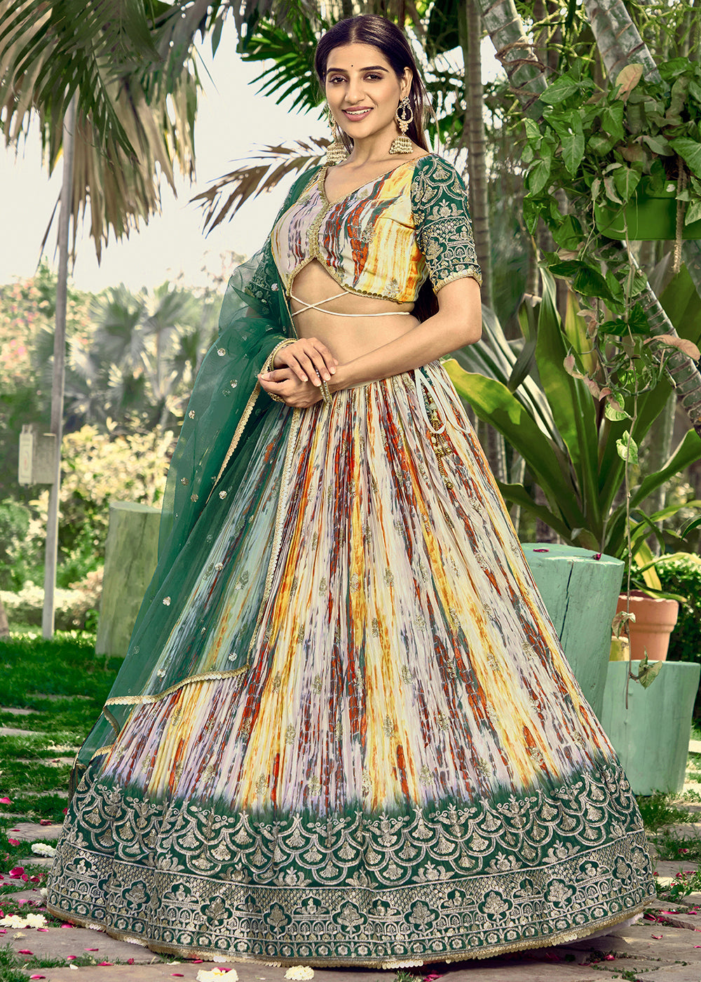 Shades Of Green & Yellow Chinon Silk Lehenga Choli with Zari Embroidery & Sequins work