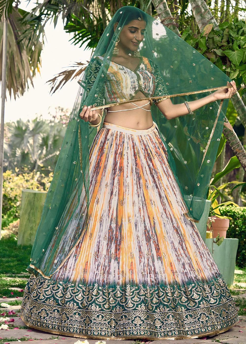 Shades Of Green & Yellow Chinon Silk Lehenga Choli with Zari Embroidery & Sequins work