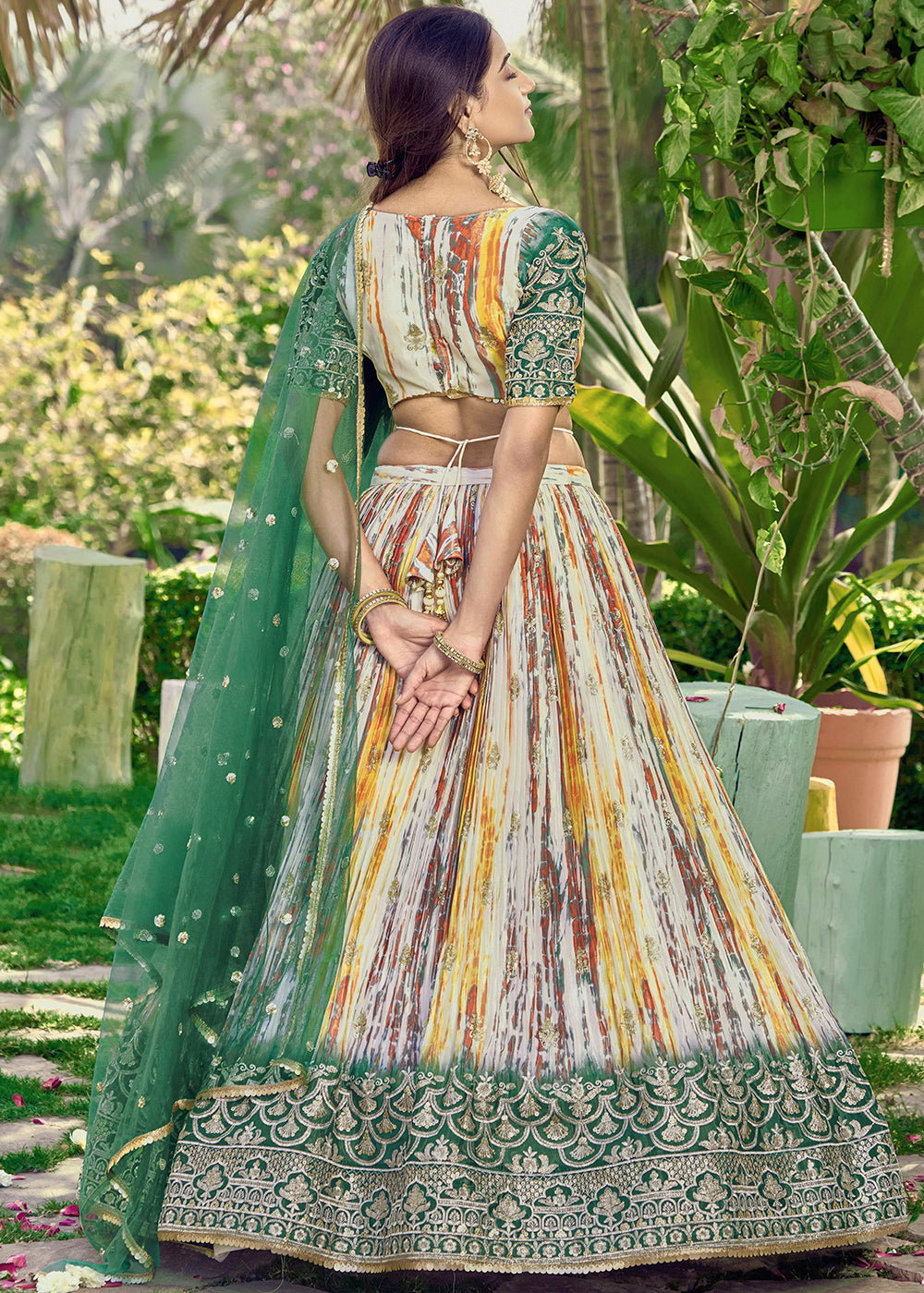 Shades Of Green & Yellow Chinon Silk Lehenga Choli with Zari Embroidery & Sequins work