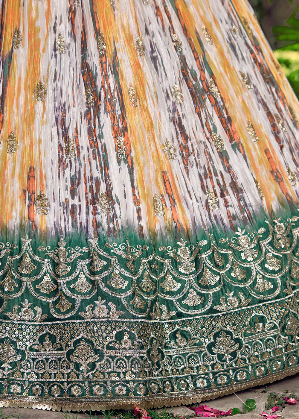 Shades Of Green & Yellow Chinon Silk Lehenga Choli with Zari Embroidery & Sequins work