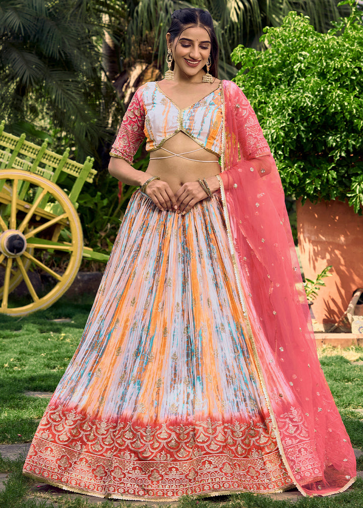 Shades Of Pink & Blue Chinon Silk Lehenga Choli with Zari Embroidery & Sequins work