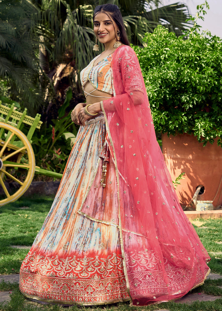 Shades Of Pink & Blue Chinon Silk Lehenga Choli with Zari Embroidery & Sequins work