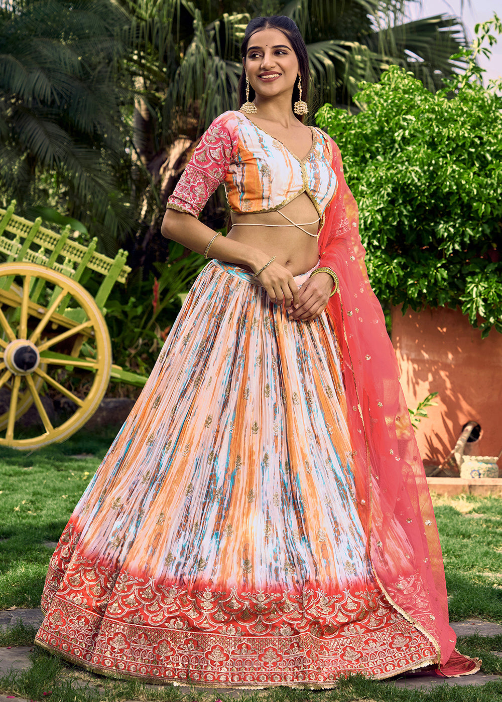 Shades Of Pink & Blue Chinon Silk Lehenga Choli with Zari Embroidery & Sequins work