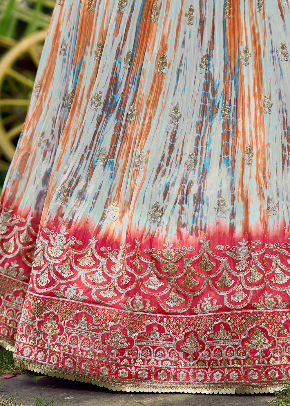 Shades Of Pink & Blue Chinon Silk Lehenga Choli with Zari Embroidery & Sequins work