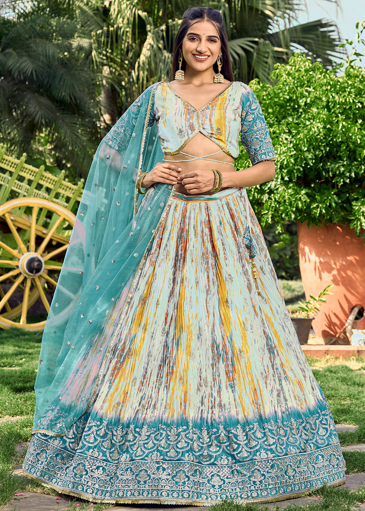 Rama Blue Chinon Silk Lehenga Choli with Zari Embroidery & Sequins work