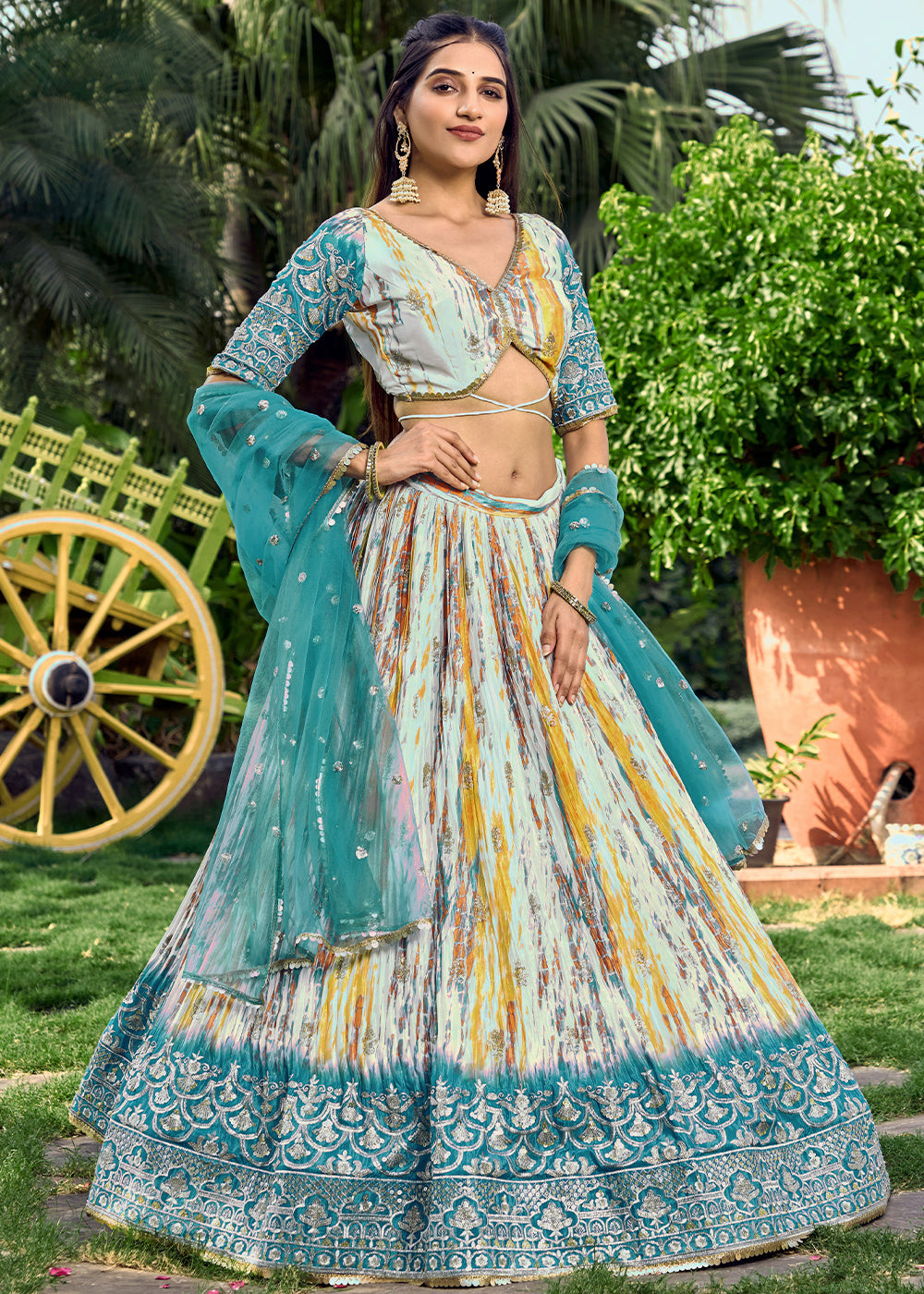 Rama Blue Chinon Silk Lehenga Choli with Zari Embroidery & Sequins work