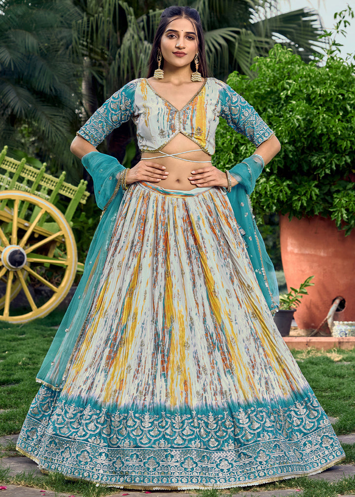 Rama Blue Chinon Silk Lehenga Choli with Zari Embroidery & Sequins work