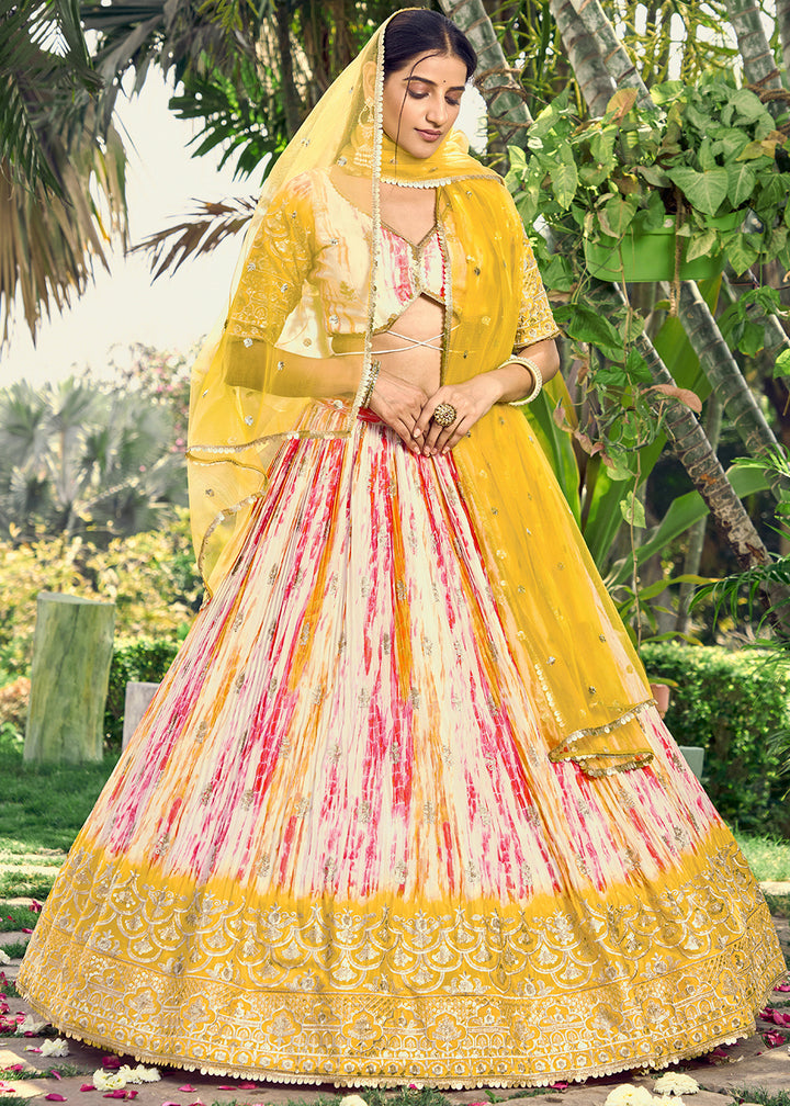 Shades Of Yellow & Pink Chinon Silk Lehenga Choli with Zari Embroidery & Sequins work