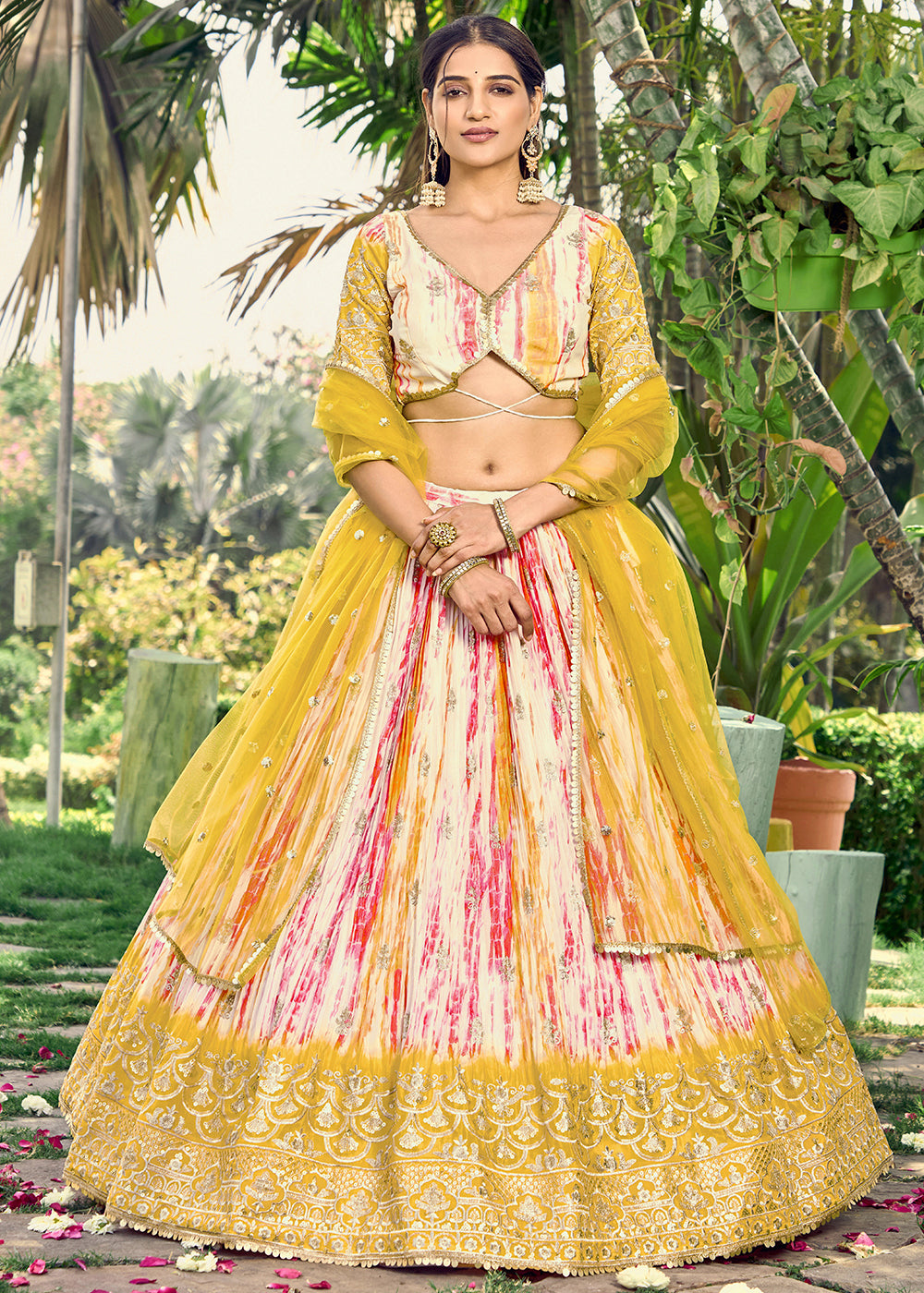 Shades Of Yellow & Pink Chinon Silk Lehenga Choli with Zari Embroidery & Sequins work